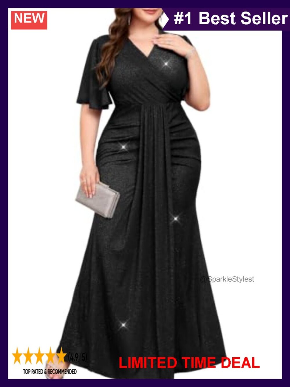 Plus Size Sparkly Formal Evening Dress V Neck Ruffle Sleeve Maxi Gown